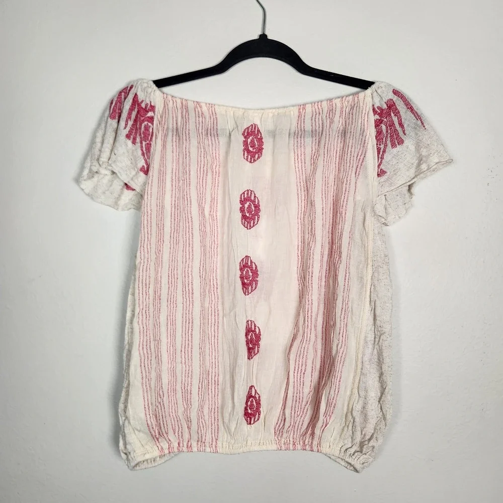 Free People Womens Small Pukka Tee Embroidered Cotton Sand Tassel Pullover Top